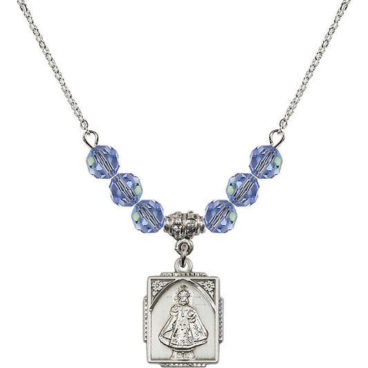 Sterling Silver Infant of Prague Birthstone Necklace with Light Sapphire Beads - 0804