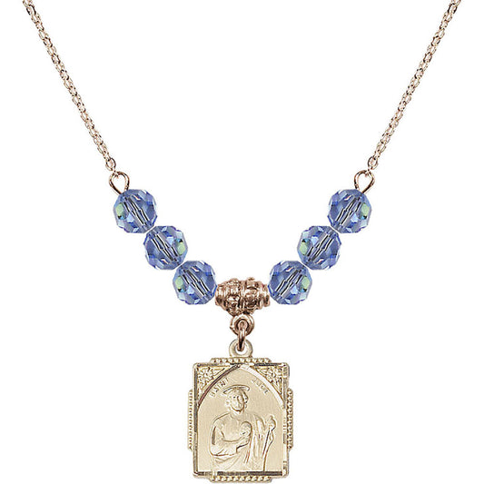 14kt Gold Filled Saint Jude Birthstone Necklace with Light Sapphire Beads - 0804