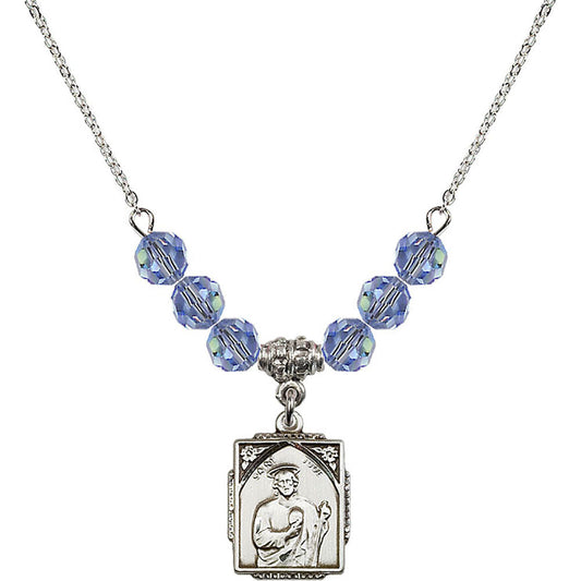 Sterling Silver Saint Jude Birthstone Necklace with Light Sapphire Beads - 0804