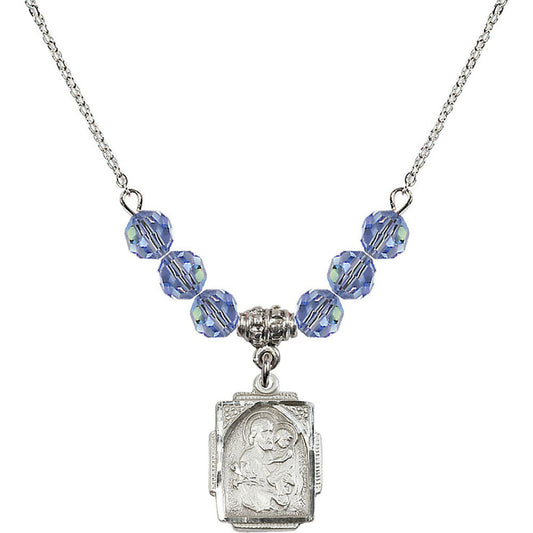 Sterling Silver Saint Joseph Birthstone Necklace with Light Sapphire Beads - 0804