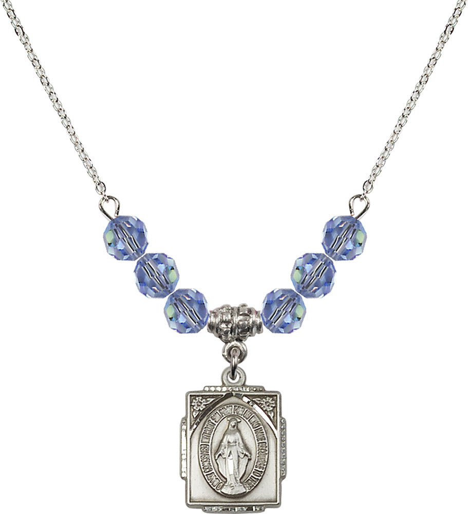 Sterling Silver Miraculous Birthstone Necklace with Light Sapphire Beads - 0804