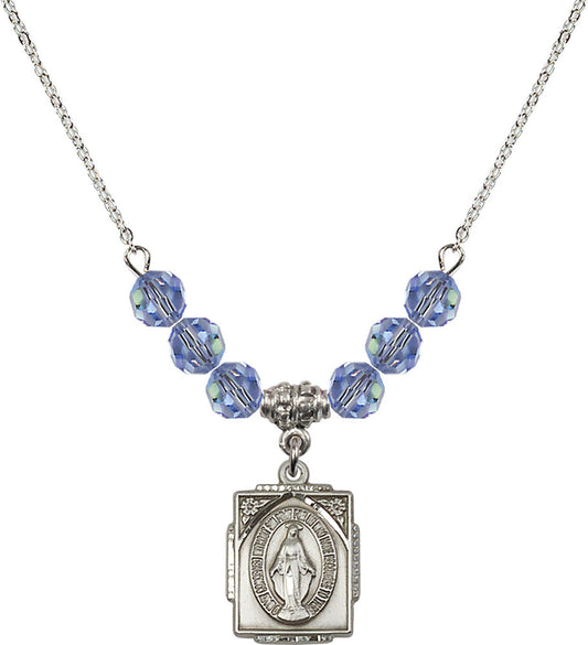 Sterling Silver Miraculous Birthstone Necklace with Light Sapphire Beads - 0804
