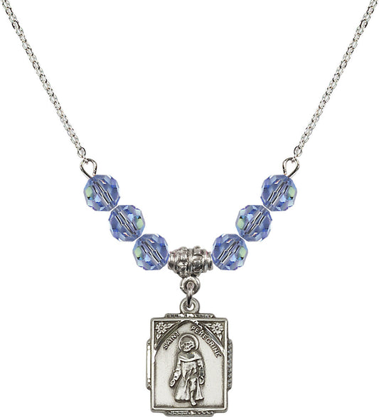 Sterling Silver Saint Peregrine Birthstone Necklace with Light Sapphire Beads - 0804