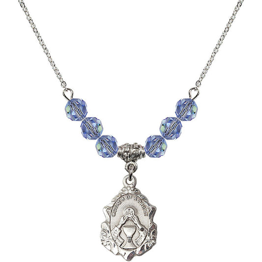 Sterling Silver Mother of a Priest Birthstone Necklace with Light Sapphire Beads - 0811