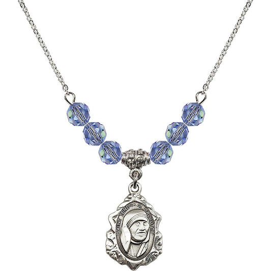 Sterling Silver Saint Teresa of Calcutta Birthstone Necklace with Light Sapphire Beads - 0812