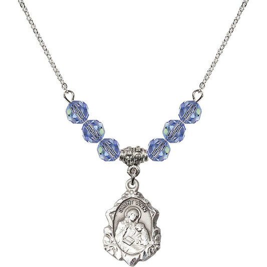 Sterling Silver Saint Ann Birthstone Necklace with Light Sapphire Beads - 0822
