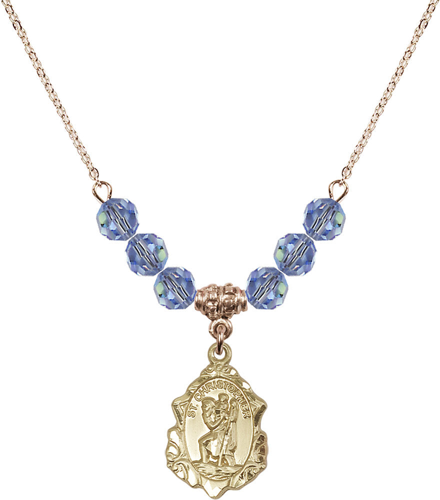 14kt Gold Filled Saint Christopher Birthstone Necklace with Light Sapphire Beads - 0822