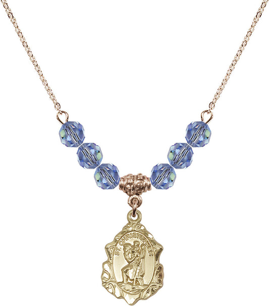 14kt Gold Filled Saint Christopher Birthstone Necklace with Light Sapphire Beads - 0822