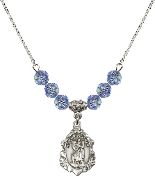 Sterling Silver Saint Christopher Birthstone Necklace with Light Sapphire Beads - 0822