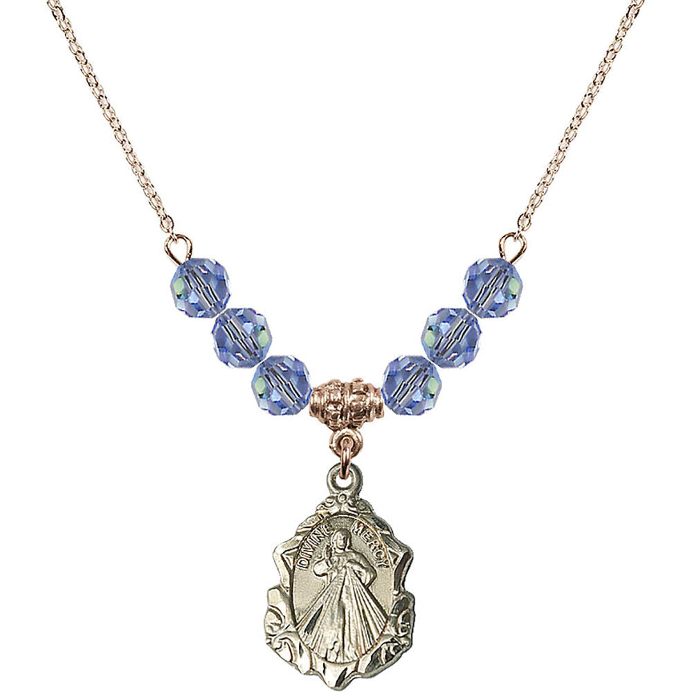 14kt Gold Filled Divine Mercy Birthstone Necklace with Light Sapphire Beads - 0822