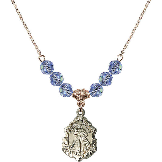 14kt Gold Filled Divine Mercy Birthstone Necklace with Light Sapphire Beads - 0822