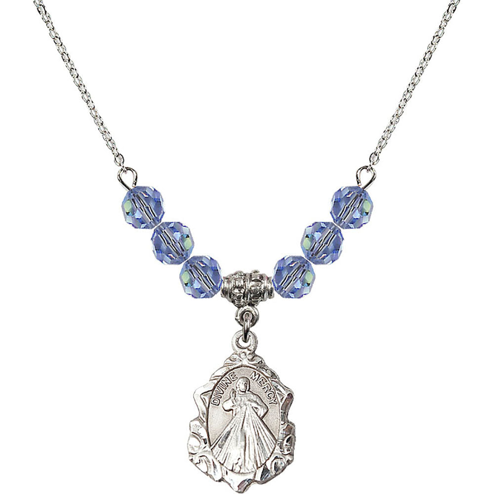 Sterling Silver Divine Mercy Birthstone Necklace with Light Sapphire Beads - 0822