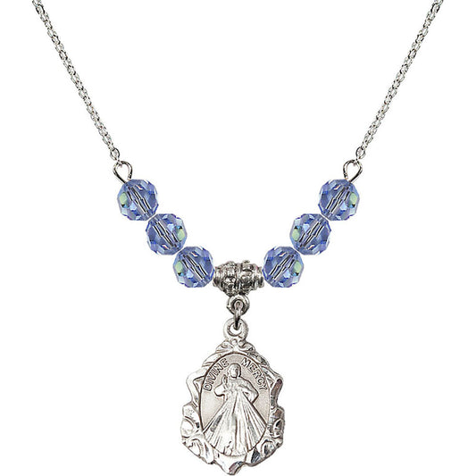 Sterling Silver Divine Mercy Birthstone Necklace with Light Sapphire Beads - 0822