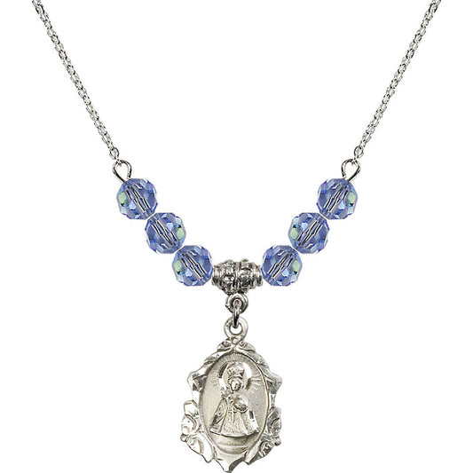 Sterling Silver Infant of Prague Birthstone Necklace with Light Sapphire Beads - 0822