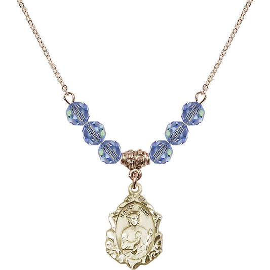 14kt Gold Filled Saint Jude Birthstone Necklace with Light Sapphire Beads - 0822