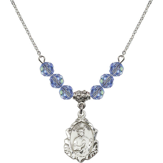 Sterling Silver Saint Jude Birthstone Necklace with Light Sapphire Beads - 0822