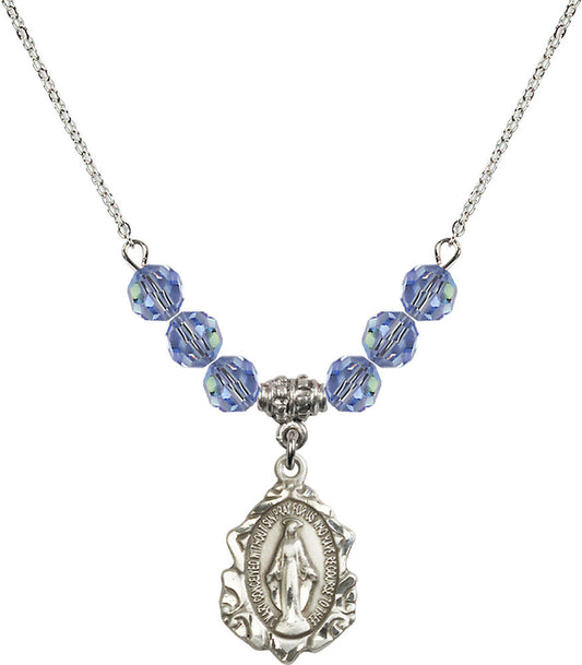Sterling Silver Miraculous Birthstone Necklace with Light Sapphire Beads - 0822