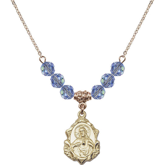 14kt Gold Filled Scapular Birthstone Necklace with Light Sapphire Beads - 0822