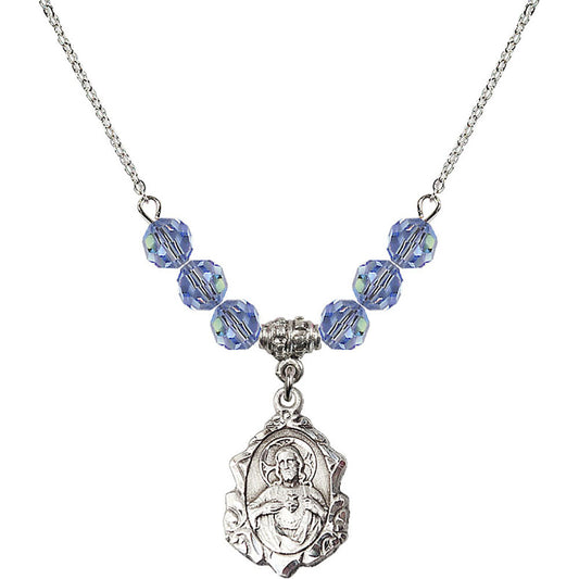 Sterling Silver Scapular Birthstone Necklace with Light Sapphire Beads - 0822