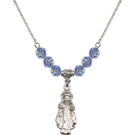 Sterling Silver Infant of Prague Birthstone Necklace with Light Sapphire Beads - 0824