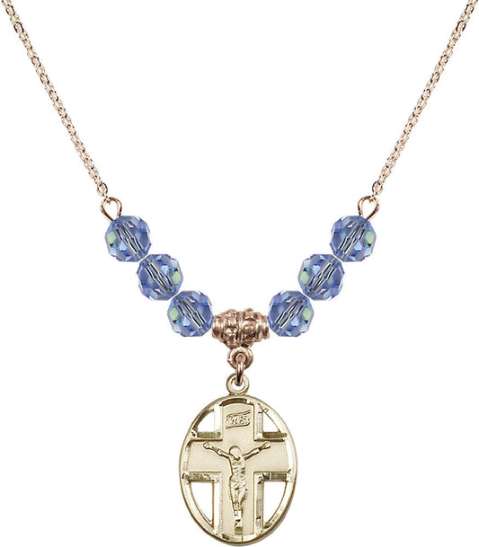 14kt Gold Filled Crucifix Birthstone Necklace with Light Sapphire Beads - 0878
