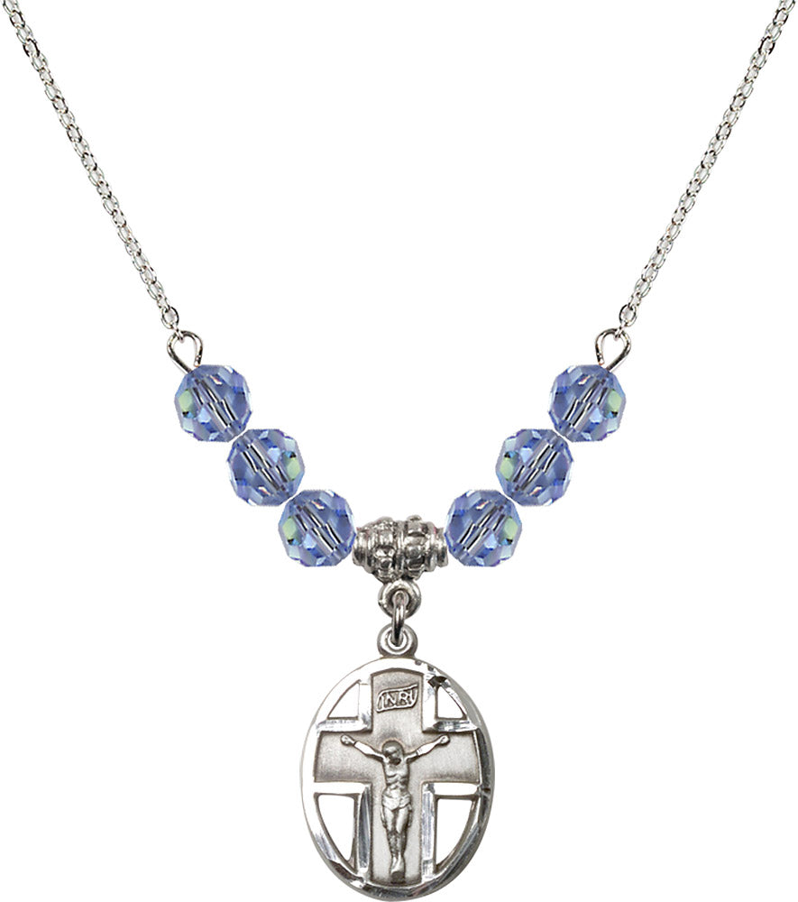 Sterling Silver Crucifix Birthstone Necklace with Light Sapphire Beads - 0878