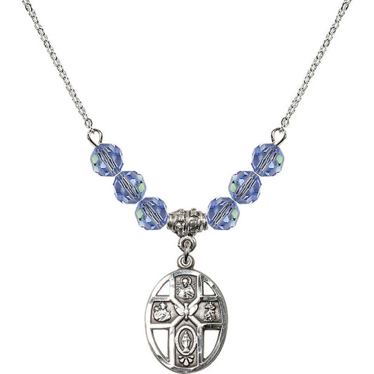 Sterling Silver 5-Way / Holy Spirit Birthstone Necklace with Light Sapphire Beads - 0880