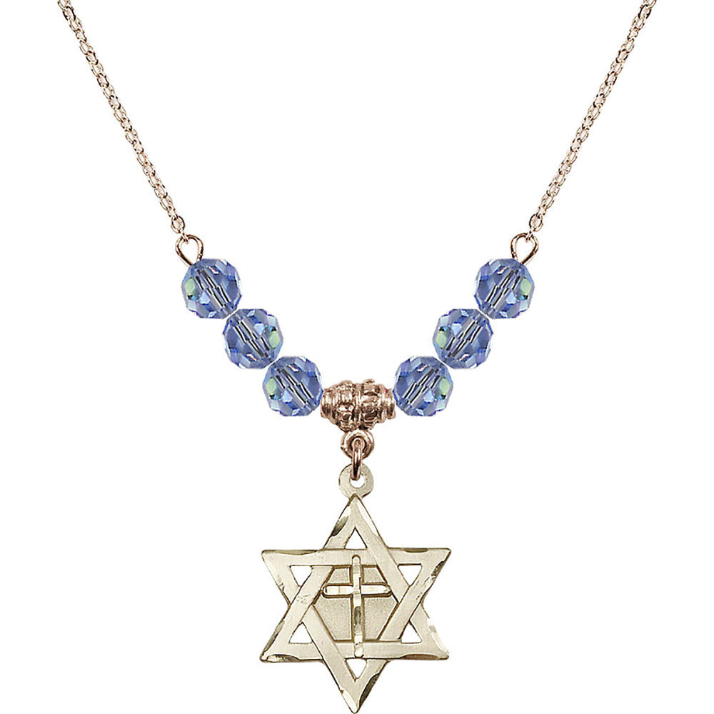 14kt Gold Filled Star of David w/ Cross Birthstone Necklace with Light Sapphire Beads - 1210