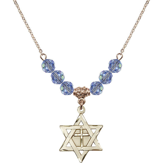 14kt Gold Filled Star of David w/ Cross Birthstone Necklace with Light Sapphire Beads - 1210
