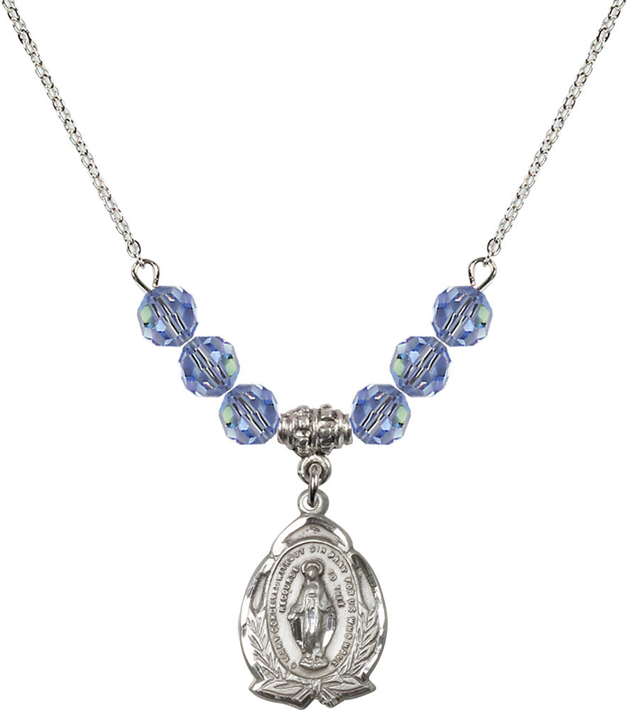 Sterling Silver Miraculous Birthstone Necklace with Light Sapphire Beads - 1481