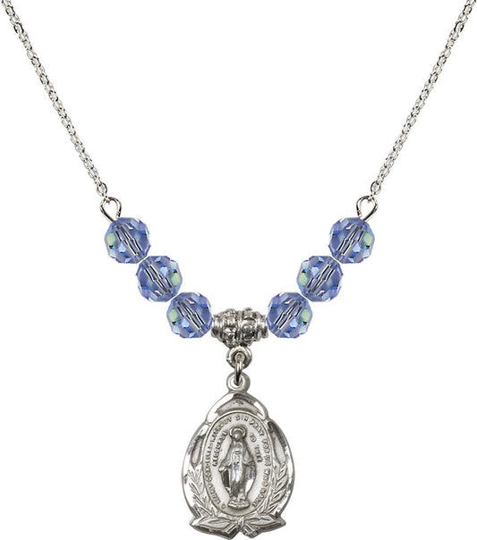 Sterling Silver Miraculous Birthstone Necklace with Light Sapphire Beads - 1481