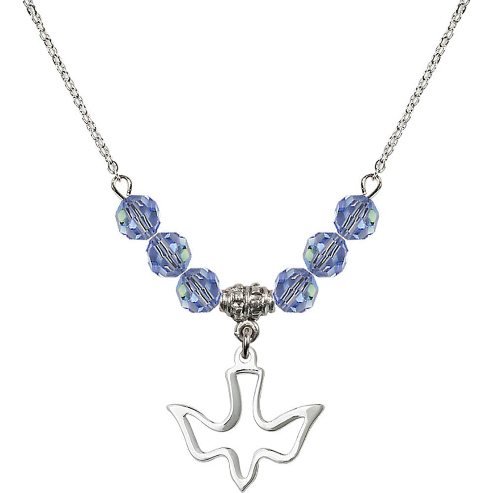 Sterling Silver Holy Spirit Birthstone Necklace with Light Sapphire Beads - 1510