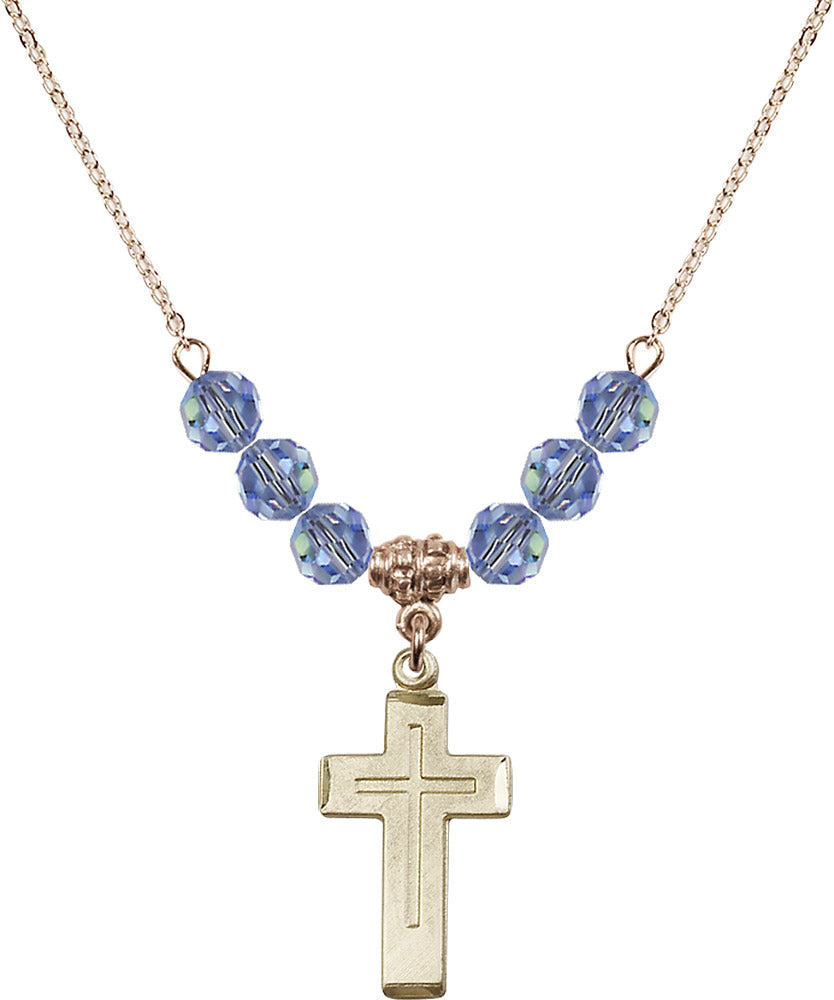 14kt Gold Filled Cross Birthstone Necklace with Light Sapphire Beads - 1529