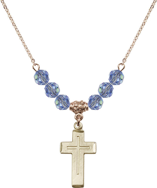 14kt Gold Filled Cross Birthstone Necklace with Light Sapphire Beads - 1529