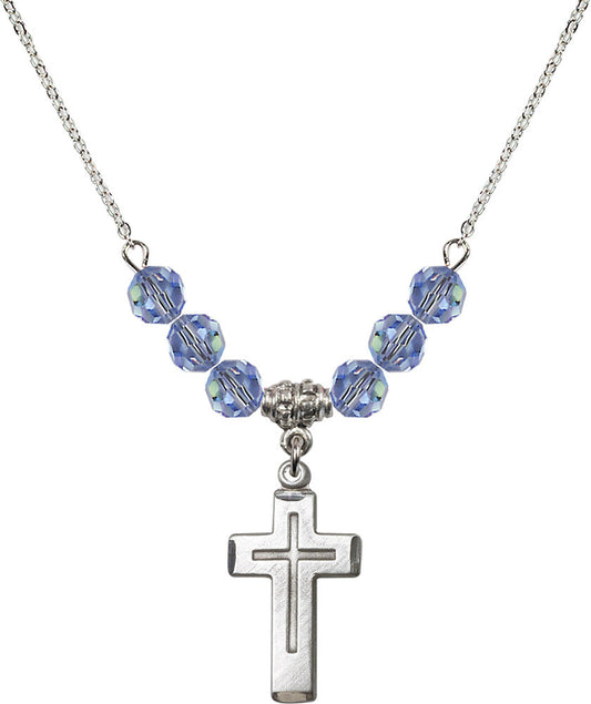 Sterling Silver Cross Birthstone Necklace with Light Sapphire Beads - 1529