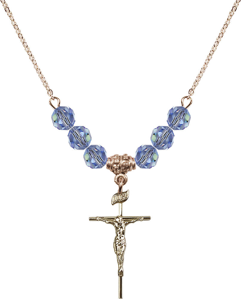 14kt Gold Filled Crucifix Birthstone Necklace with Light Sapphire Beads - 1535