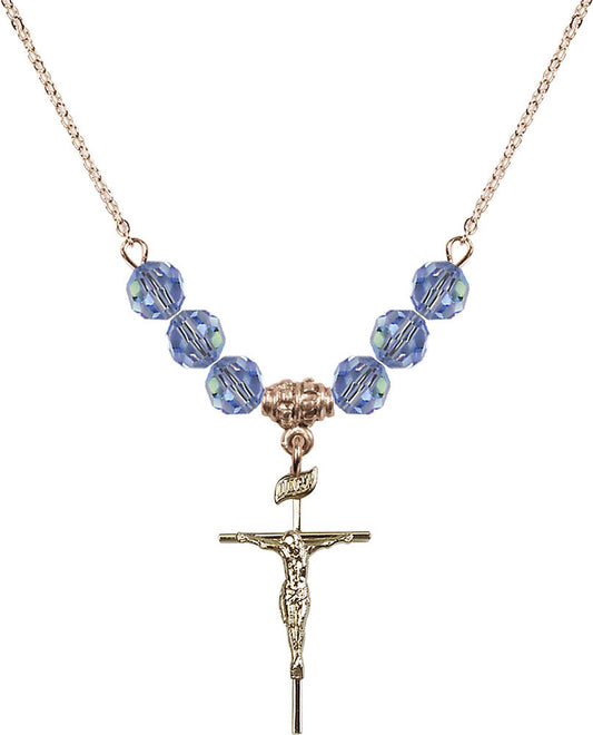 14kt Gold Filled Crucifix Birthstone Necklace with Light Sapphire Beads - 1535