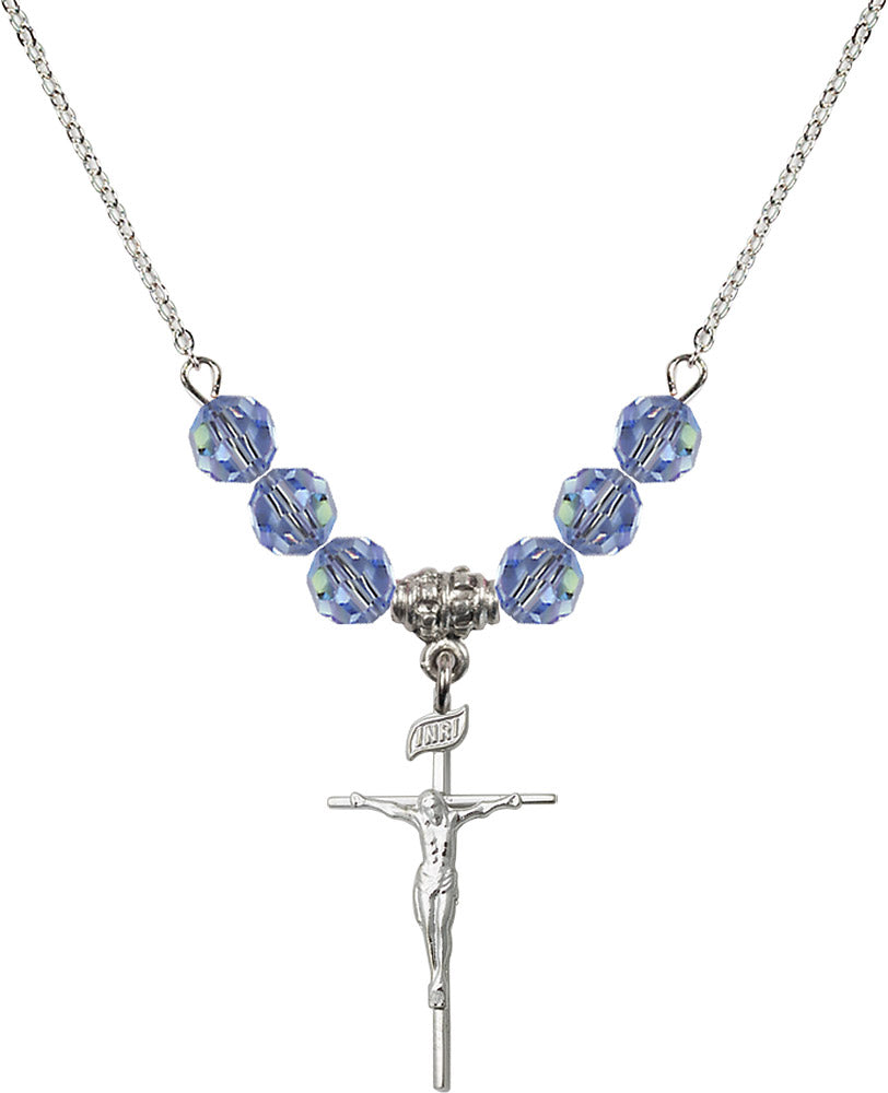 Sterling Silver Crucifix Birthstone Necklace with Light Sapphire Beads - 1535