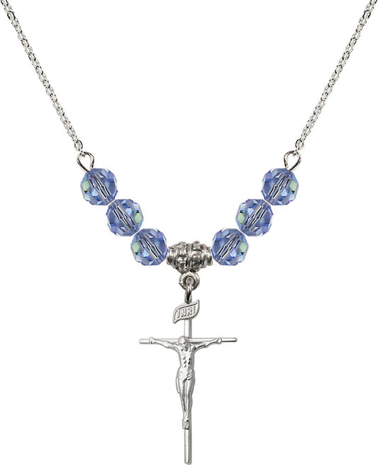 Sterling Silver Crucifix Birthstone Necklace with Light Sapphire Beads - 1535