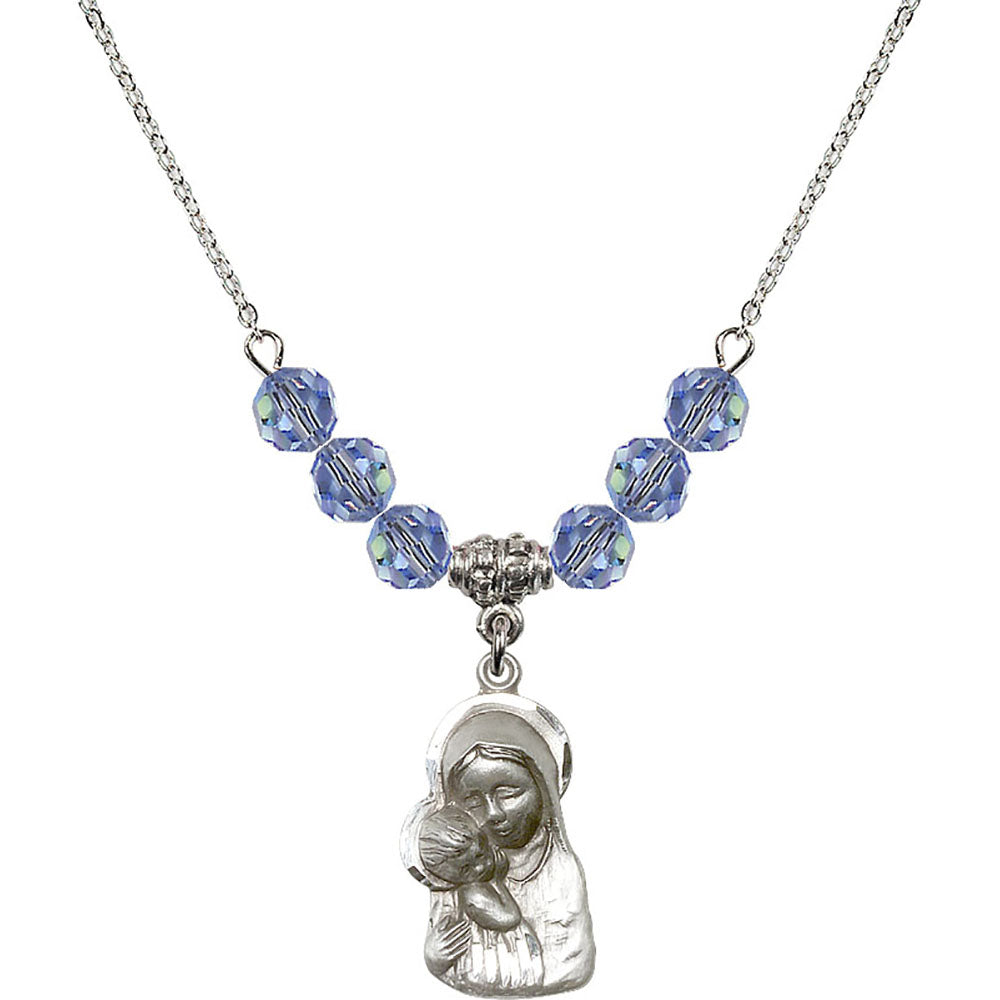 Sterling Silver Madonna & Child Birthstone Necklace with Light Sapphire Beads - 1612