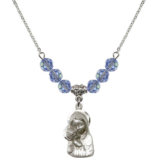 Sterling Silver Madonna & Child Birthstone Necklace with Light Sapphire Beads - 1612