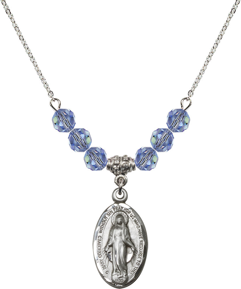 Sterling Silver Miraculous Birthstone Necklace with Light Sapphire Beads - 1615