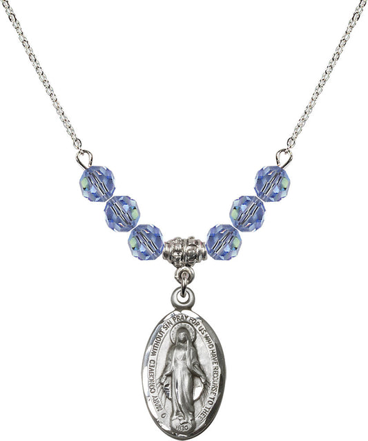 Sterling Silver Miraculous Birthstone Necklace with Light Sapphire Beads - 1615