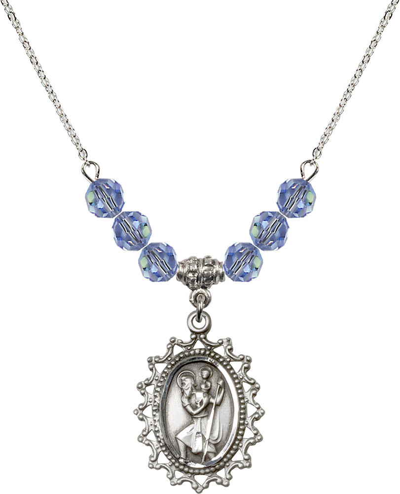 Sterling Silver Saint Christopher Birthstone Necklace with Light Sapphire Beads - 1619