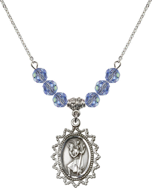 Sterling Silver Saint Christopher Birthstone Necklace with Light Sapphire Beads - 1619