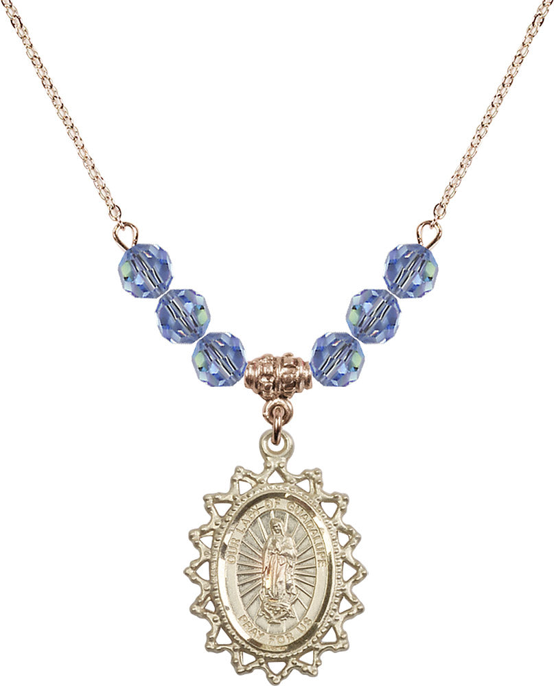 14kt Gold Filled Our Lady of Guadalupe Birthstone Necklace with Light Sapphire Beads - 1619
