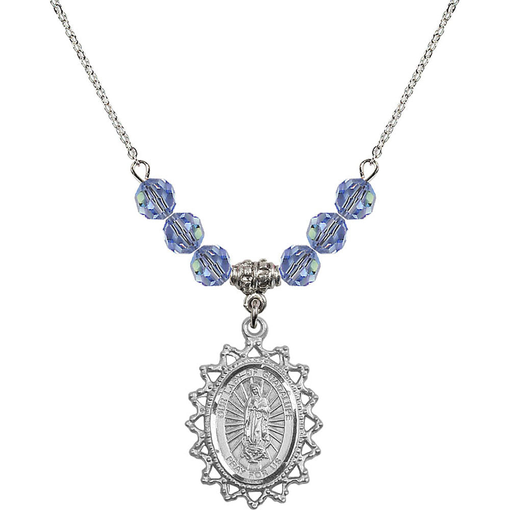 Sterling Silver Our Lady of Guadalupe Birthstone Necklace with Light Sapphire Beads - 1619