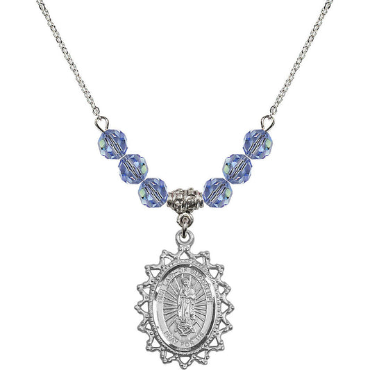 Sterling Silver Our Lady of Guadalupe Birthstone Necklace with Light Sapphire Beads - 1619