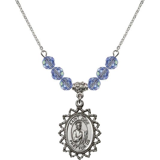 Sterling Silver Saint Jude Birthstone Necklace with Light Sapphire Beads - 1619