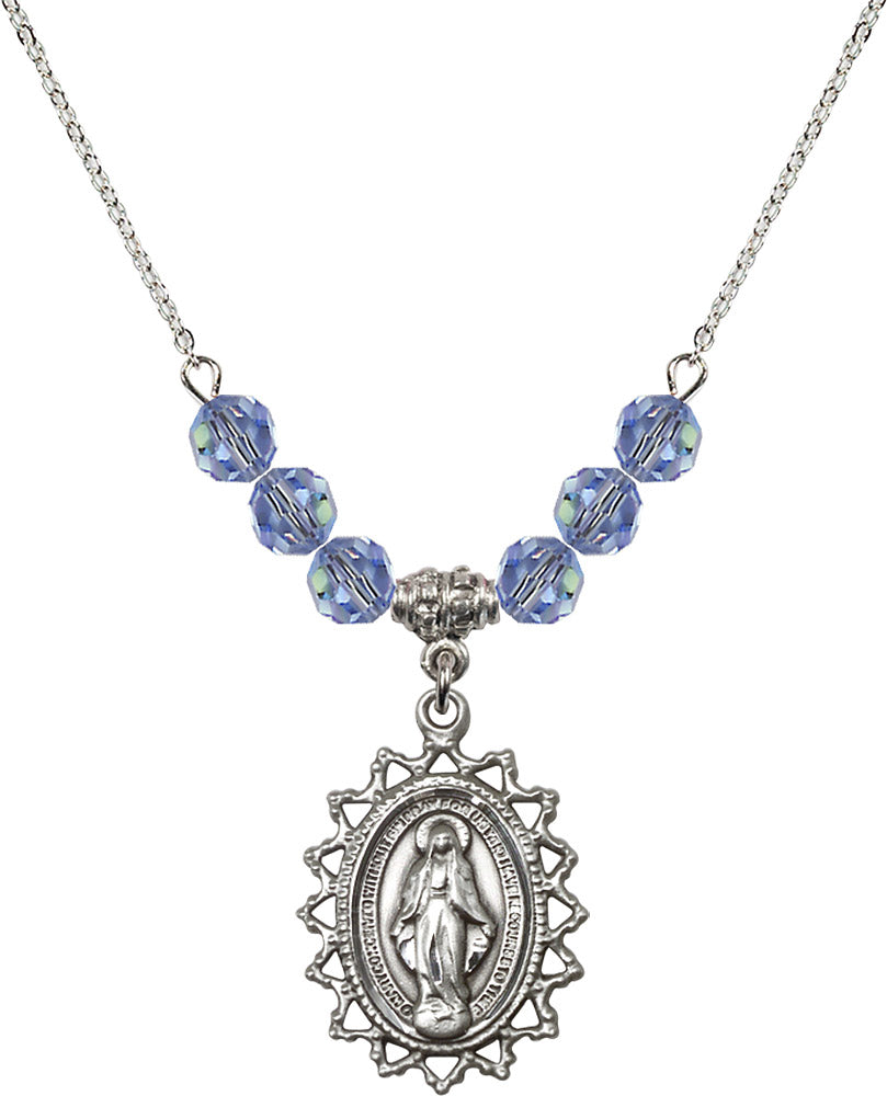 Sterling Silver Miraculous Birthstone Necklace with Light Sapphire Beads - 1619